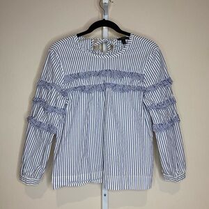 J. Crew Blue and White Striped Ruffle Blouse